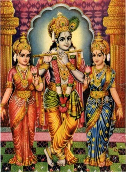 Krishna with wife Rukmini and Sathyabhama