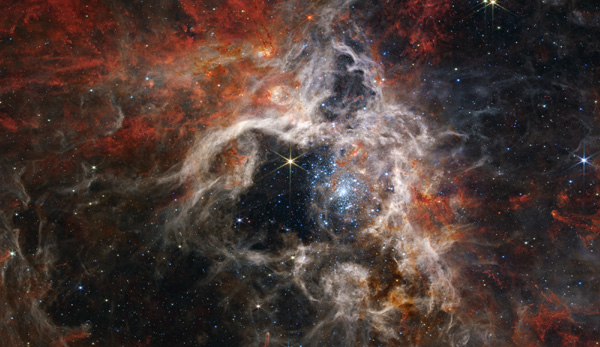 An image taken by NASA's James Webb Space Telescope of a stellar nursery called 30 Doradus...also known as the Tarantula Nebula.