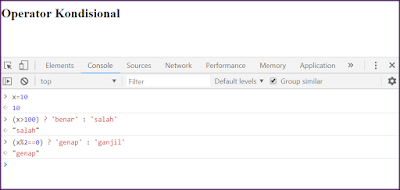 Contoh penggunaan operator kondisional di javascript pada console browser