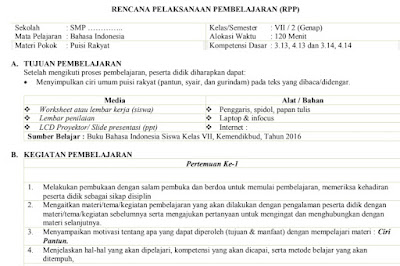 Contoh dwonload RPP Satu Lembar Bahasa Indonesia Teks Puisi Rakyat