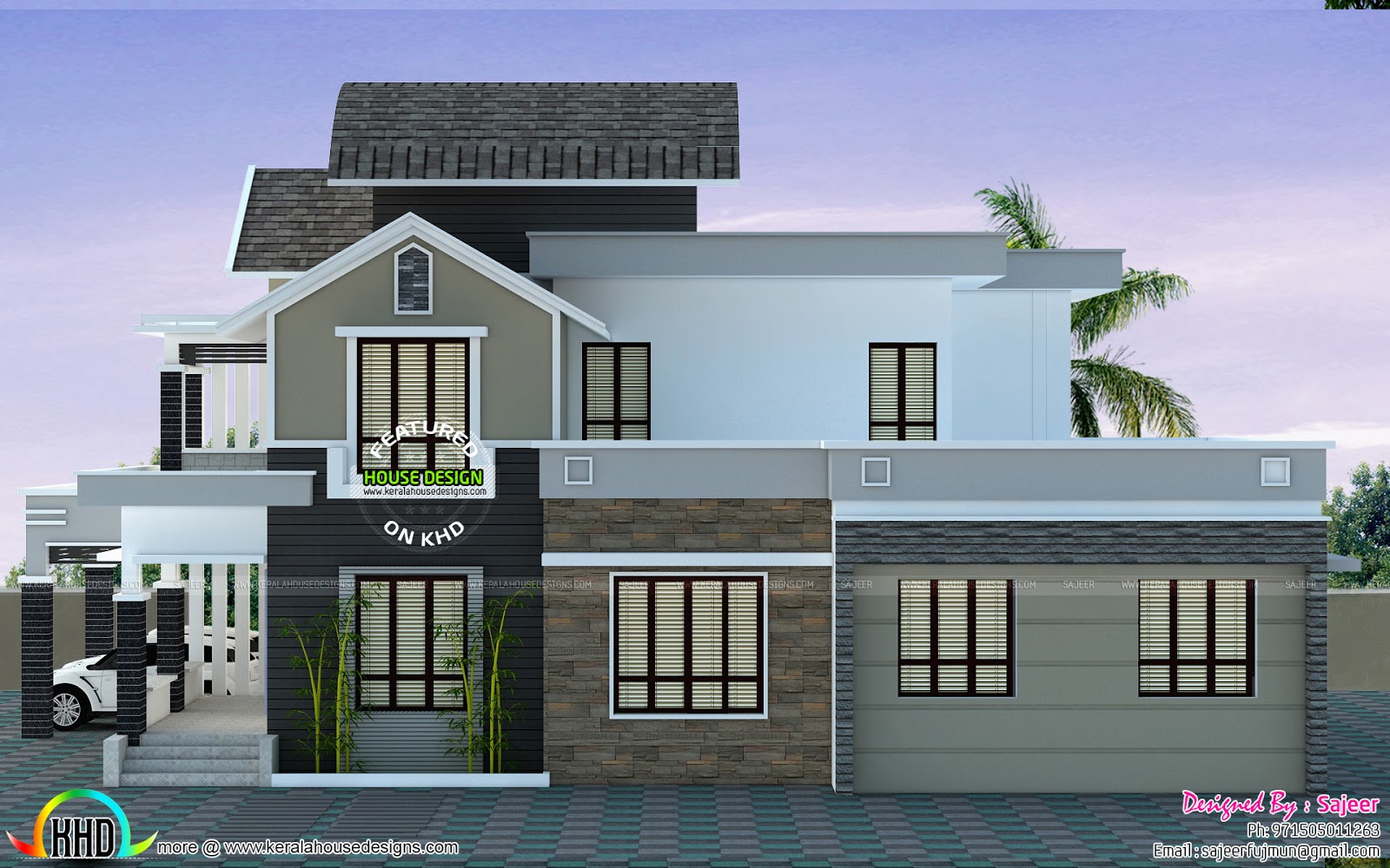 Front left and right view of Modern home Kerala home 