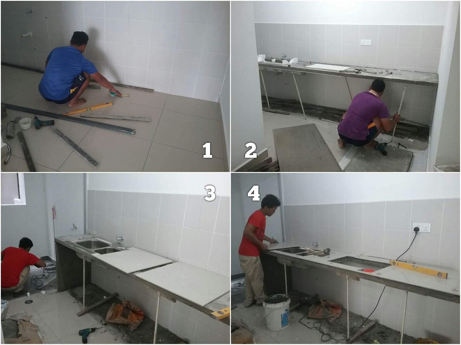 Table top bentuk lurus tile warna putih. Ukuran panjang 