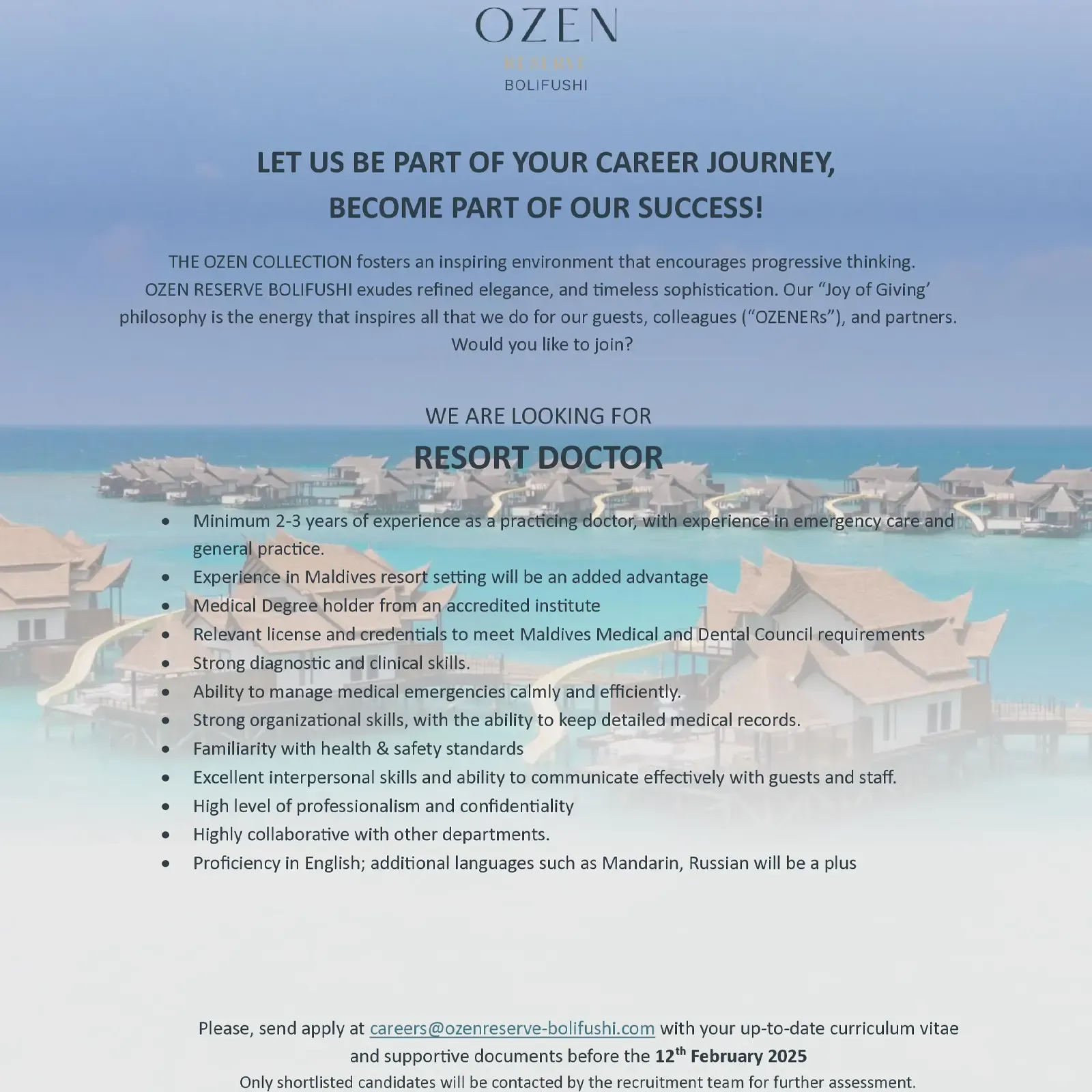 image of Resort Doctor Job Vacancy at OZEN RESERVE Bolifushi job advert
