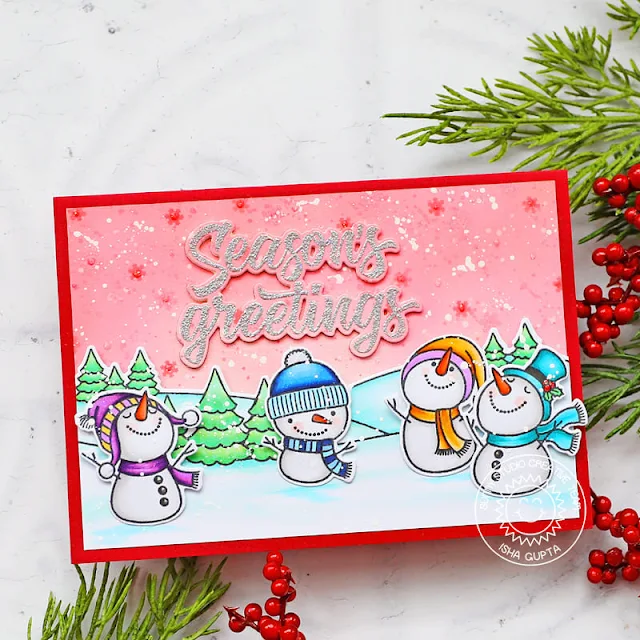 Sunny Studio Stamps: Snowman Kisses Winter Themed Holiday Card by Isha Gupta (featuring Holiday Greetings, Scenic Route)