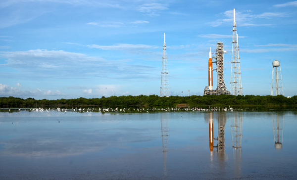 NASA's Space Launch System rocket stands tall at Kennedy Space Center's Pad 39B in Florida.