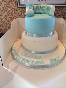 baby boy white and blue christening cake with train on top 