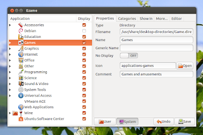 Jika Anda tidak menggunakan Unity, dari Ezame menu pilih Edit> Preferences dan kemudian mengatur desktop untuk "Classic" bukan "Ubuntu" - menggunakan ini, aplikasi harus menampilkan menu freedesktop gantinya. Versi Ezame terbaru ini juga dilengkapi dengan dukungan Cinnamon awal.