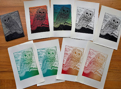 owl block prints, printmaking