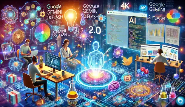 A vibrant 4K illustration showing the real-world applications of Gemini 2.0 Flash across three industries. A programmer collaborates with AI for coding and debugging on a holographic screen, a marketing team uses AI-generated content on futuristic tablets, and scientists analyze complex data visualizations in a high-tech lab. Glowing digital streams connect the scenes, symbolizing the integration and efficiency of Gemini 2.0 Flash.