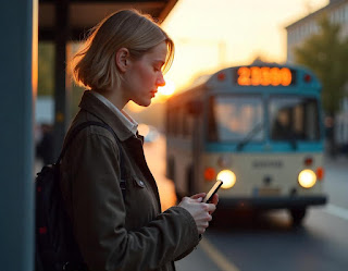 A college student holding a transit pass, waiting at a bus stop or boarding a bus.