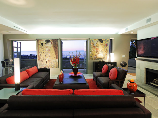 Photo of living room interiors with black and red leather furniture