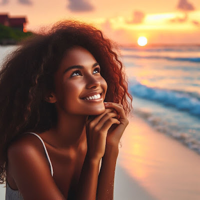 Una chica morena, sonriendo de felicidad en un ambiente de playa