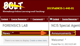 a screenshot showing the upcoming change in May to Announcements from News on the course homepage