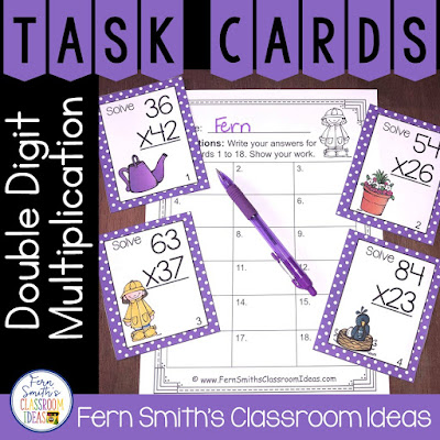 You will love this Spring Multiplication Task Cards, Recording Sheets and Answer Keys! It is so easy to prepare these task cards for your centers, small group work, scoot, read the room, homework, seat work, the possibilities are endless. Your students will enjoy the freedom of task cards while learning and reviewing important skills at the same time! Perfect for review while you work with your small groups. Students can answer in your classroom journals or with the included three different recording sheets. Perfect for an assessment grade for the week.Thirty-six {36} colored task cards, thirty-six black and white task cards, 3 print and go worksheets and 3 answer keys that can be used as self-checking sheets for any math center. Add some rigor and fun to your math class with these Spring task cards! #FernSmithsClassroomIdeas