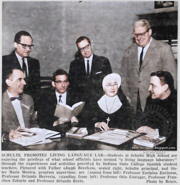 Pictured with Father Joseph Beechem, seated right, Schulte principal, and Sister Marie Monica, program supervisor, are (seated from left) Professor Escipion Encinosa, Professor Orlando Herreria, (standing from left) Professor Otto Estenger, Professor Francisco Zabarte and Professor Orlando Recio.