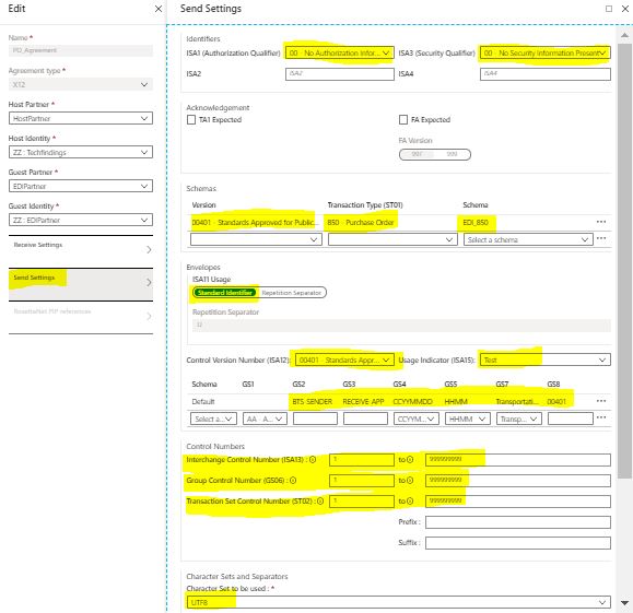 EDI x12 agreement send setting