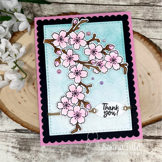 Cherry Blossom Card by Donna Idlet | Cherry Blossoms Stamp Set, Quatrefoil Stencil, Frames & Flags Die Set, Frames & Tags Die Set and Basic Frames Die Set by Newton's Nook Designs #newtonsnook