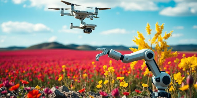 Drone and robotic arm collaborating in a vibrant landscape.