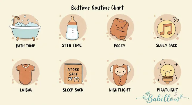 A visual bedtime routine checklist displayed with cute icons like a bath, bottle, book, and lullaby