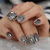 New Years Eve Punk Metallic Diamond False French Nails with Glue Sticker in Smoky Dark Gray Reflective Mirror Metal Plating Nails for Girls and Women