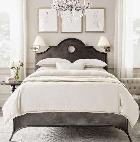 gray cream gold master bedroom upholstered bed in gray crystal chandelier
