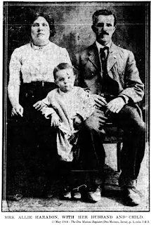 Formal, black and white family portrait, ‘Mrs. Allie Haradon, with her husband and child,’ 17 May 1916 - Des Moines Register and Leader, p. 3, cols. 2 & 3.