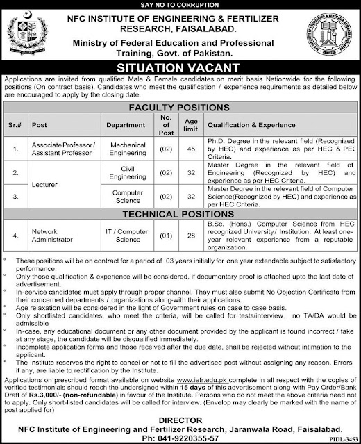 NFC Institute of Engineering & Fertilizer Research Government Jobs 2023