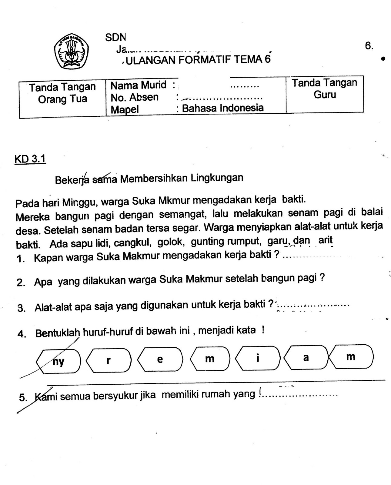 Formatif Tema 6 (Bahasa Indonesia) SD Kelas 1 TA.2015/2016