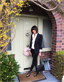 My Midlife Fashion, Zara tuxedo jacket, j crew thomas mason tuxedo shirt, french connection faux leather cropped trousers, chanel handbag, marks and spencer pearls, chloe studded boots