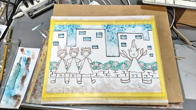 今日のお絵描き。色を塗る。透明水彩