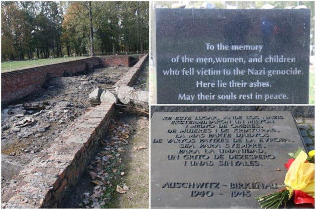 Ruinas de la cámara de gas y del crematorio numero III – Placas conmemorativas – Monumento Internacional a las Victimas del Campo en distintos idiomas en el campo de concentración de Auschwitz II - Birkenau