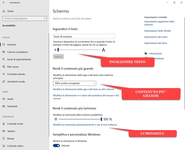 scheda accessibilità delle impostazioni di windows 10