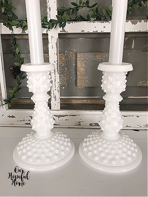 pointy white milk glass candlesticks mantel decor