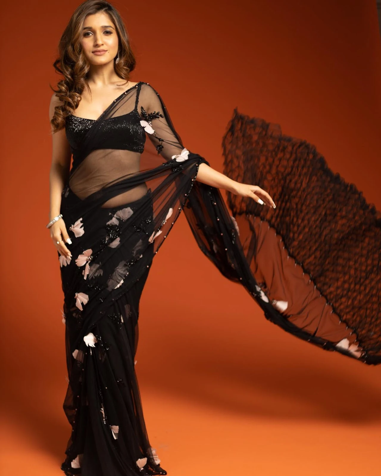 Nidhi Shah navel sheer black saree hot tv actress