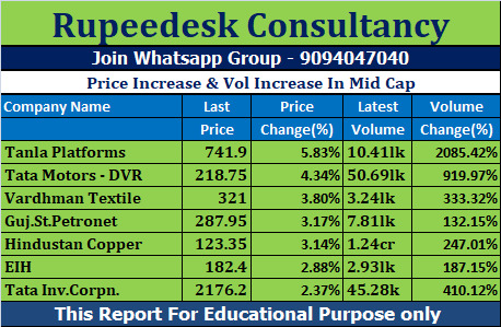 Price Increase & Vol Increase In Mid Cap