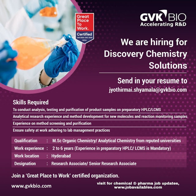 Job Availables, GVK Bio Job Opening For Discovery Chemistry Solutions
