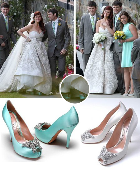 This is such a beautiful Tiffany Blue wedding shoe by Aruna Seth worn by