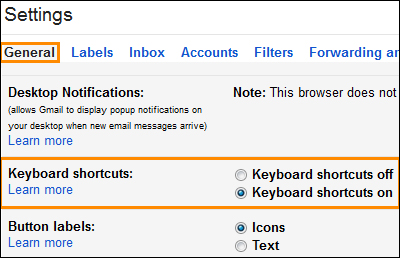 Gmail keyboard shortcuts settings