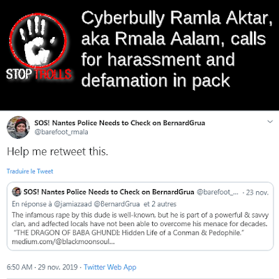 Ramla Akhtar, aka Rmala Aalam the, bully called for actions in pack without mentionning her target but using a retweet. That's why it could not be immediately identified through the Twitter module for denuncing harassment.