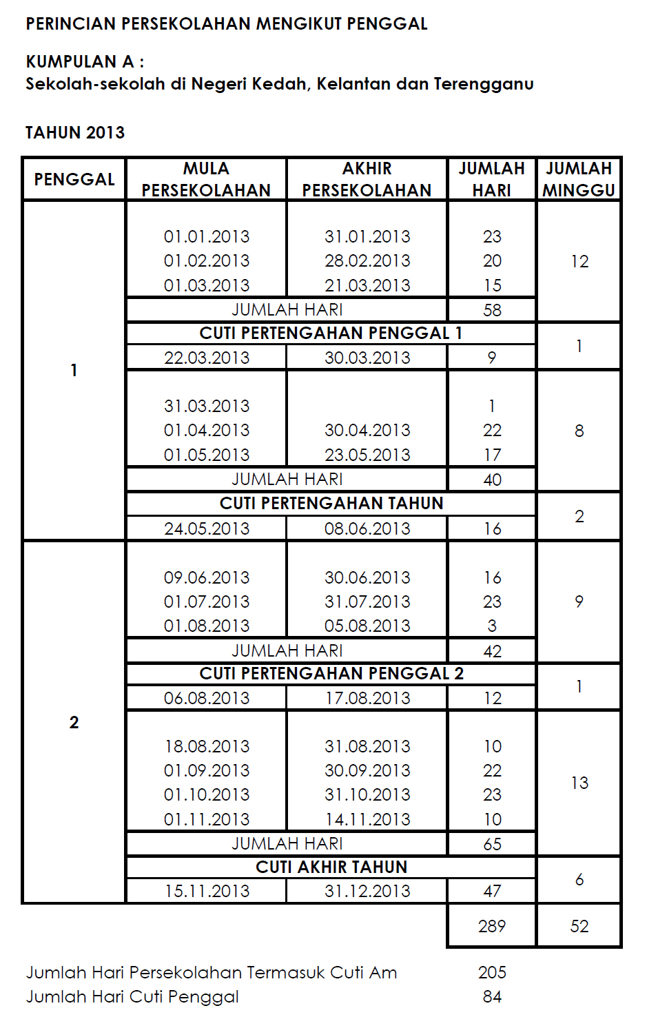 Takwim Persekolahan Tahun 2013