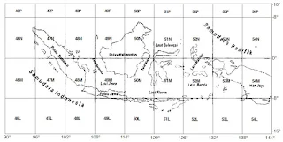 Pembagian zone sistem koordinat UTM untuk wilayah Indonesia.