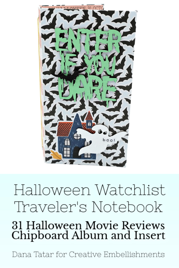 Enter if you Dare 31 days of Halloween movie watchlist DIY chipboard mini album cover.