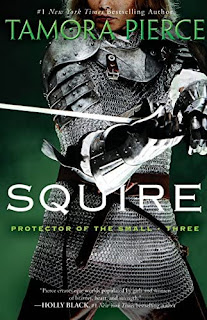 A squire in full armor swings a sword, her face is only partly visible