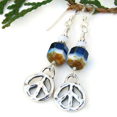 sterling peace sign earrings with czech glass hippie jewelry