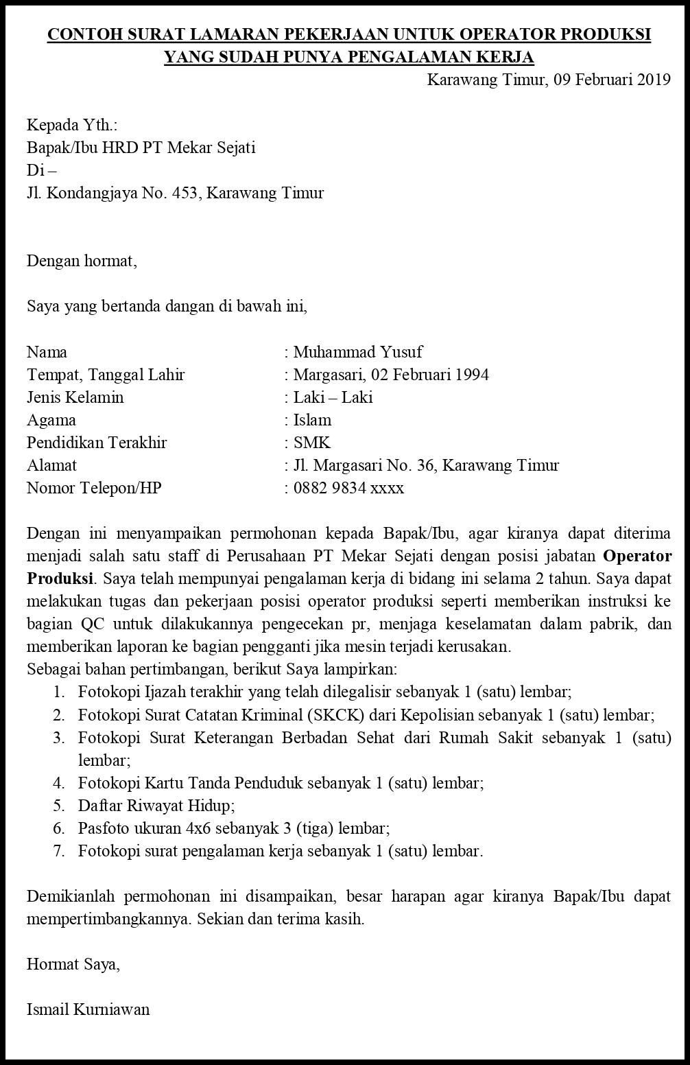 Contoh Surat Lamaran Pekerjaan Untuk Manufaktur Dan Gudang Tanpakoma