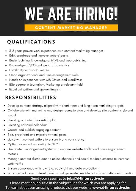 D4 Interactive Jobs - Software Engineer, Content Marketing Manager, Digital Marketing Manager - Islamabad - 2018