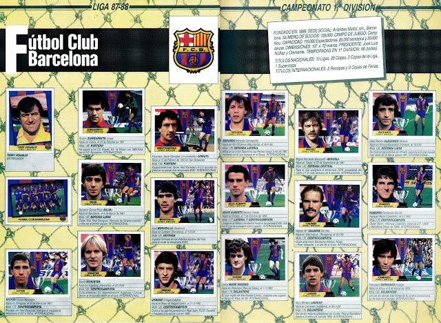 F. C. BARCELONA. Temporada 1987-88. Escudo. Terry Venables (entrenador), Zubizarreta, Urruticoechea, Gerardo, Migueli, Alexanco. Equipo, Salva, Moratalla, Julio Alberto, Calderé, Roberto. Víctor, Schuster, Urbano, Mark Hughes, Lineker, Carrasco. Álbum de cromos LIGA 87-88, Colecciones Este.