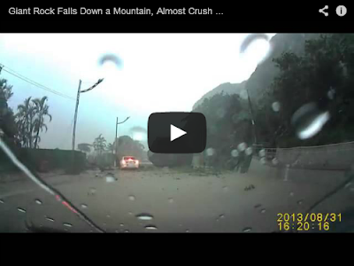 Giant Rock Falls Down a Mountain, Almost Crush A Car