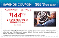 Sears $20 OFF 3 year plan wheel alignment coupon 2015