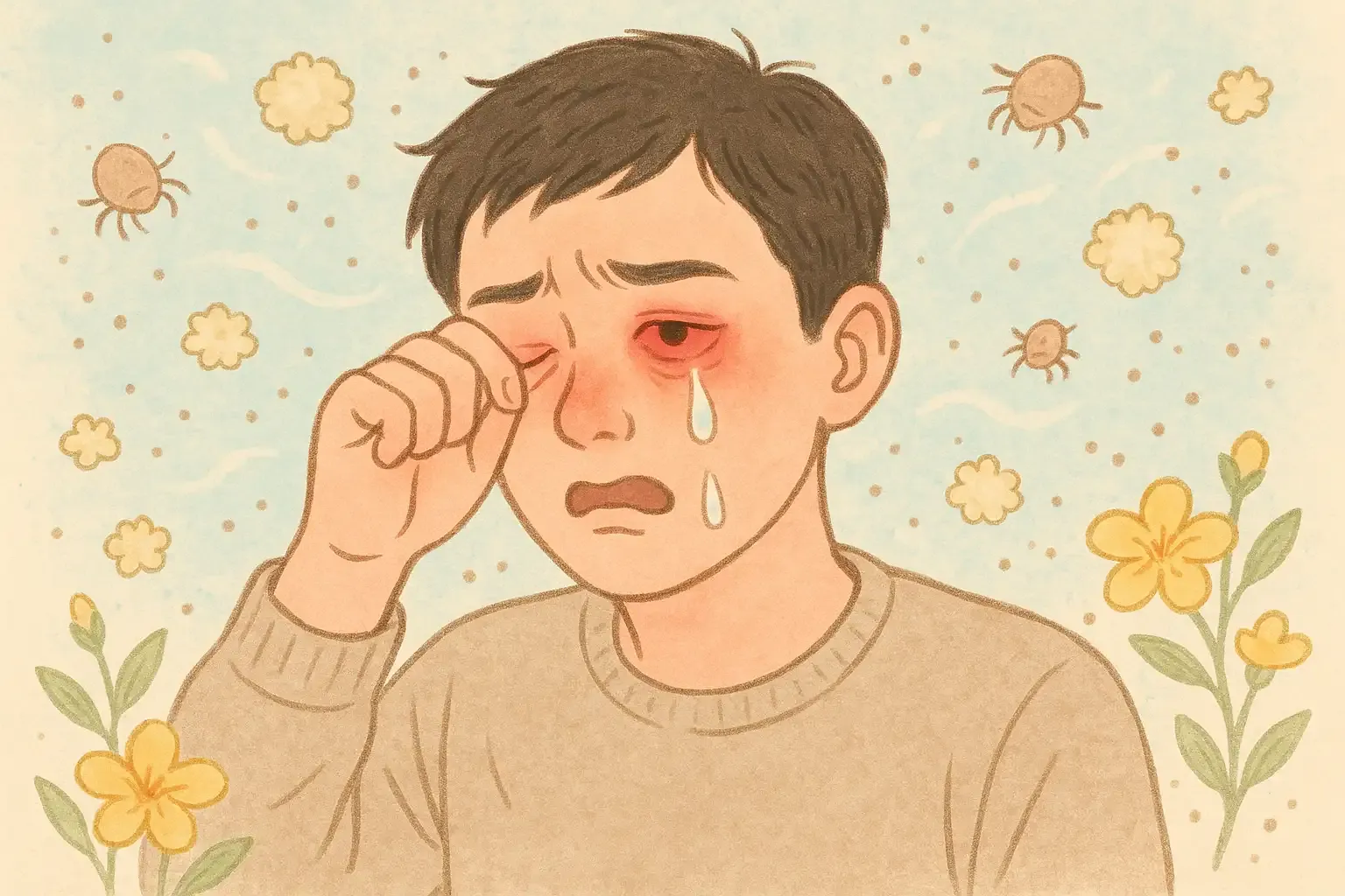 꽃가루와 집먼지진드기에 노출된 눈, 붉게 충혈되고 눈물을 흘리는 사람, 주변에 꽃가루와 먼지가 떠다니는 장면